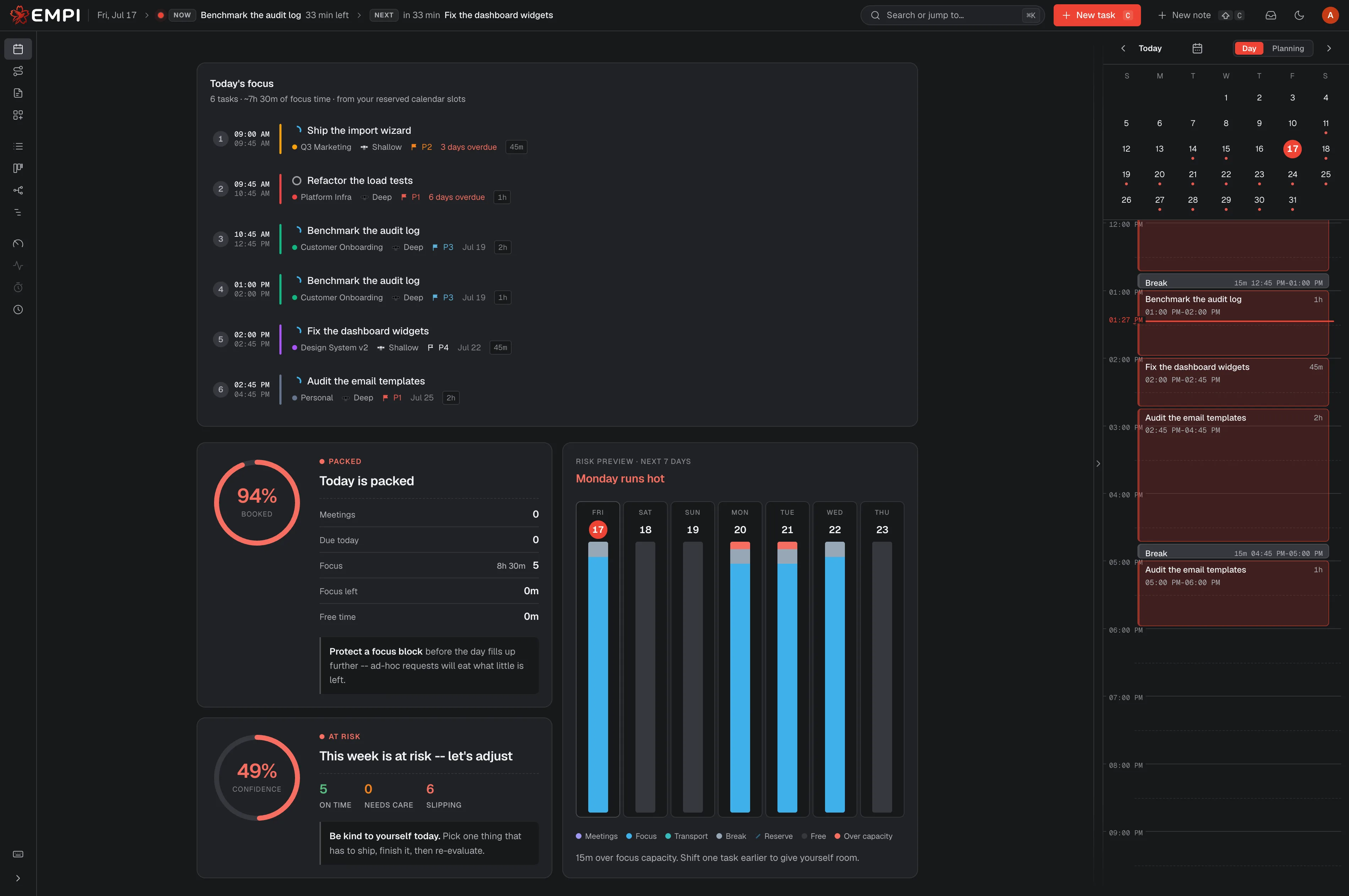 Empi Today view: the evening routine with capacity rings, a 7-day risk preview and the day's planned schedule in the calendar rail